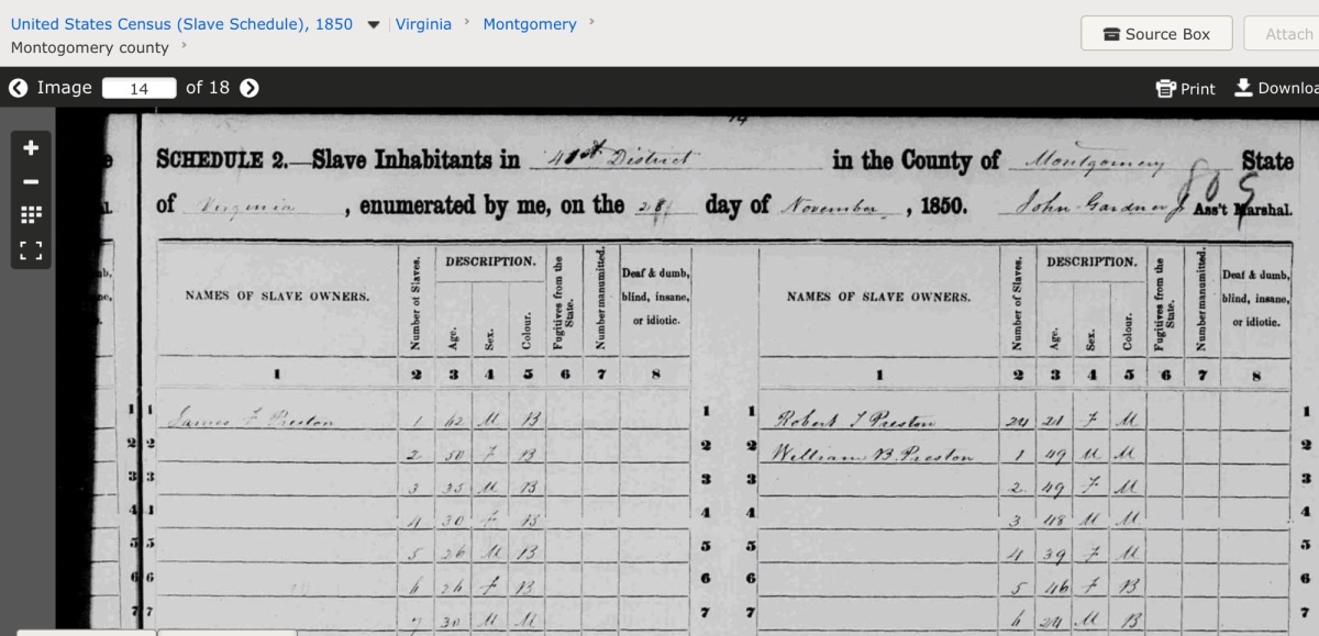 1850 US Federal Census, Slave Schedule for Montgomery County,&nbsp;VA