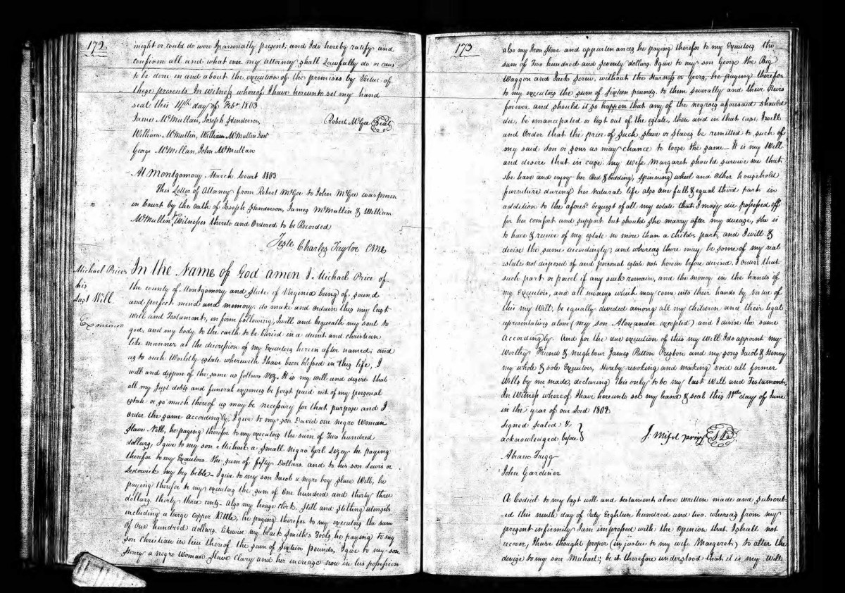 Enslaved People Named in Wills: Enslaved by Michael Price (1718-1802, father) and Michael Price (1748-1839,&nbsp;son)